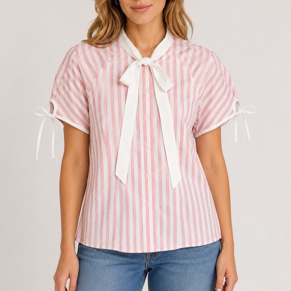 Unique Vintage Pink White Stripe Tie Neck Bow Sleeve Blouse L NEW retro